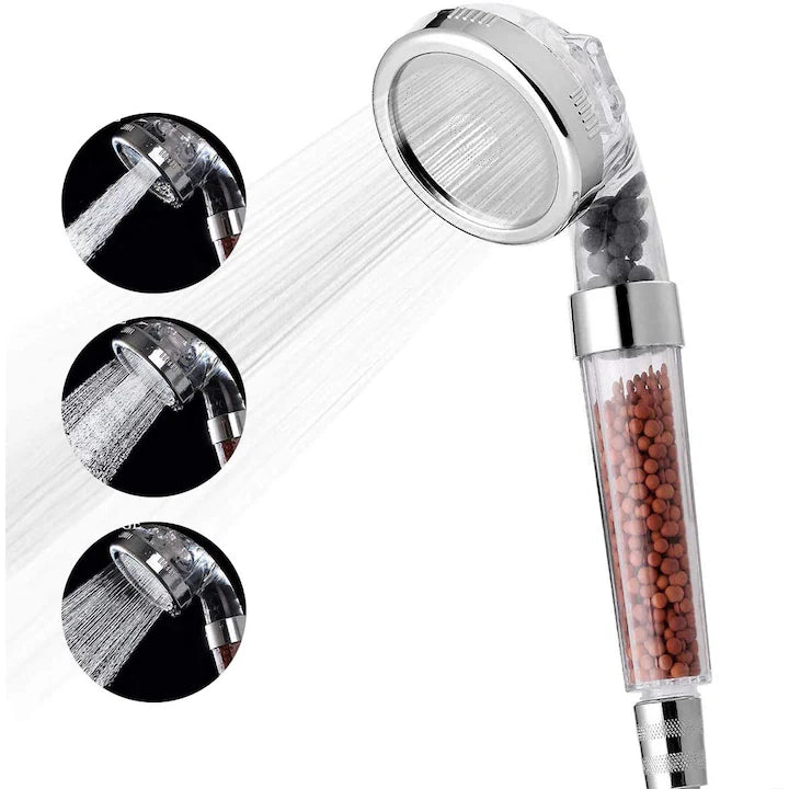 Pară de duș model Relax, realizată din ABS cu finisaj cromat, prevăzută cu un sistem de filtrare în 3 trepte.