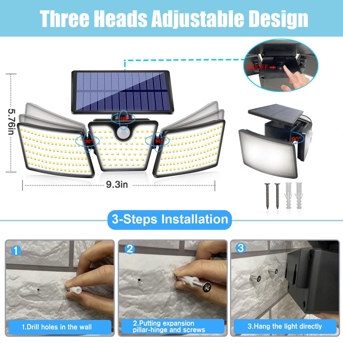 Proiector Solar LED Exterior cu 3 Capete, Senzor de Miscare 270°, 74 LED-uri, Iluminat Puternic pentru Curte si Gradina, Lampă Solară de Perete cu Control Inteligent