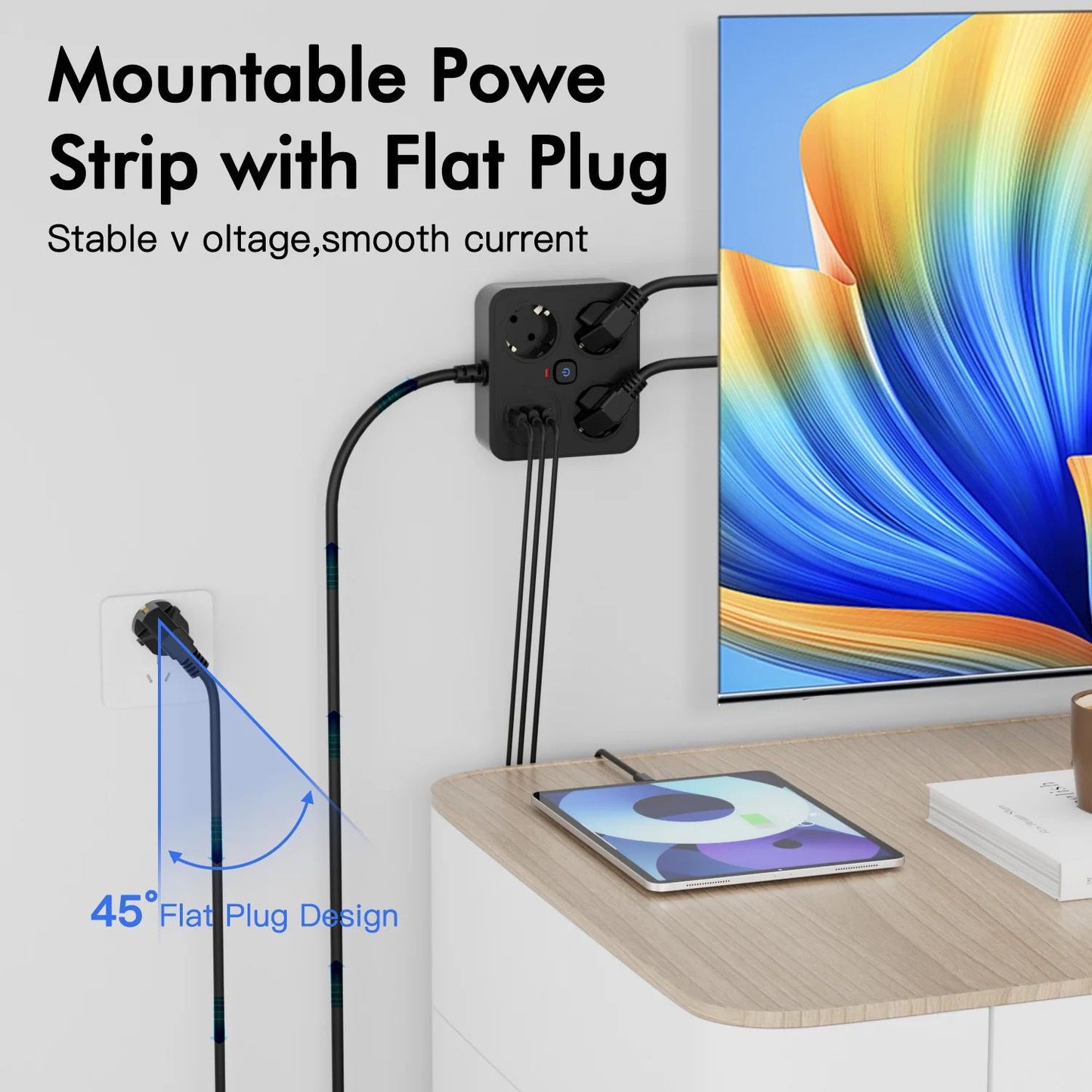 Prelungitor Multifuncțional cu USB – 3 Prize, 3250W, 2 x USB-A, 2 x PD USB-C, Cablu 2M, Tehnologie IQ, Ignifug, Protecție Copii & Supratensiune