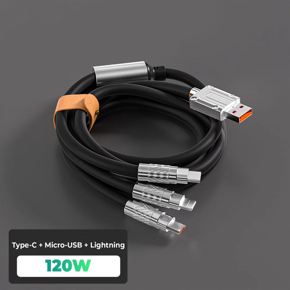 Cablu 3-in-1 (USB-C, Lightning, Micro-USB), 120W, 6A, lungime 1.2m. Încărcare super rapidă, rezistent la îndoiri, cu LED inteligent și construcție