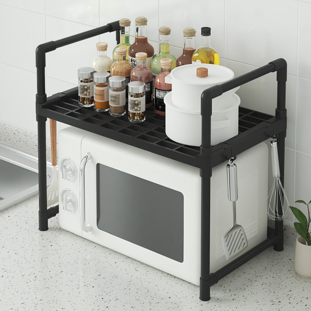 Etajeră pentru Cuptor cu Microunde, Raft Organizator Bucătărie 2 Niveluri, Plastic Rezistent, 49 x 48 x 26 cm, Negru