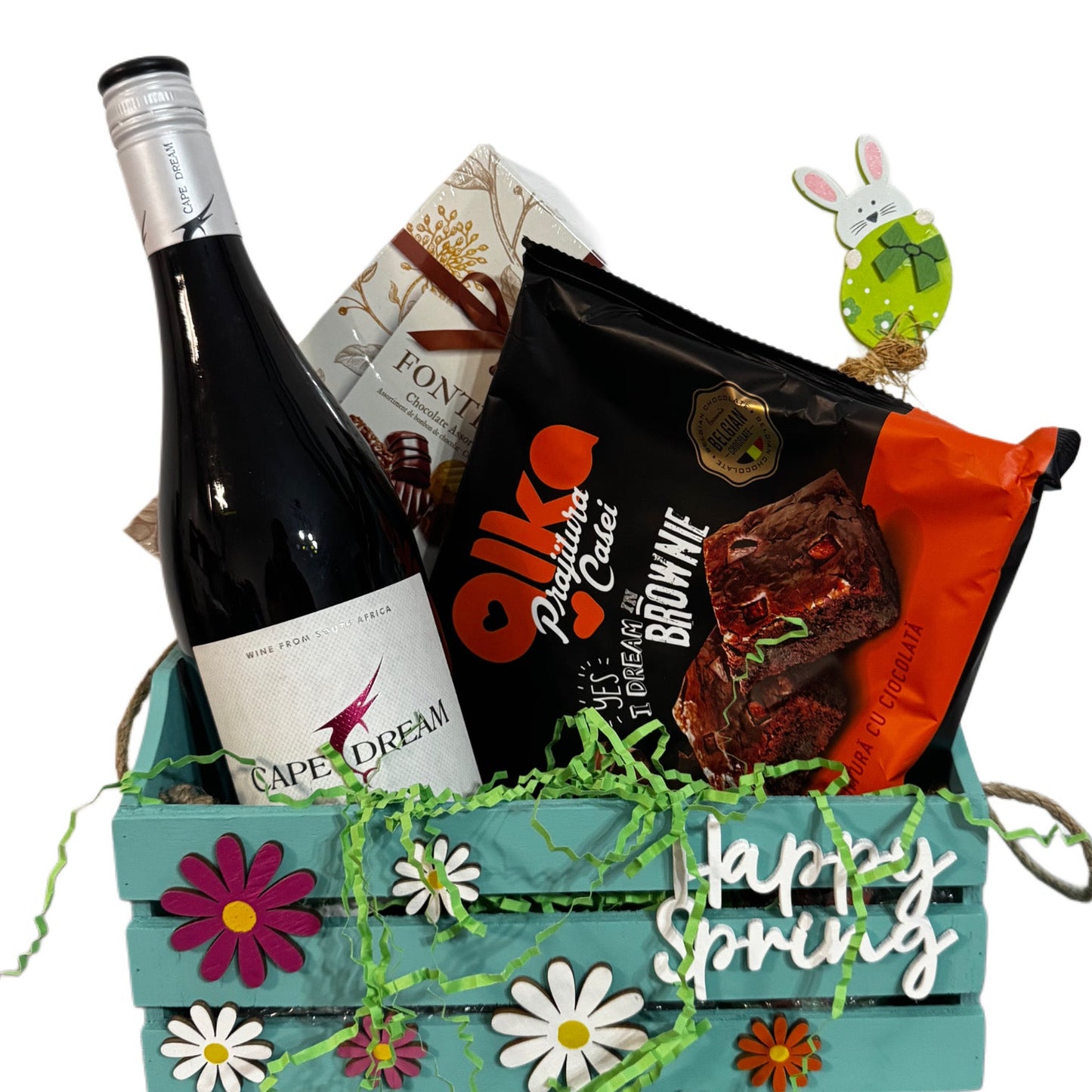 Cadou Colorat de Paște - Delicii Gourmet cu Vin Pinotage, Praline și Brownie