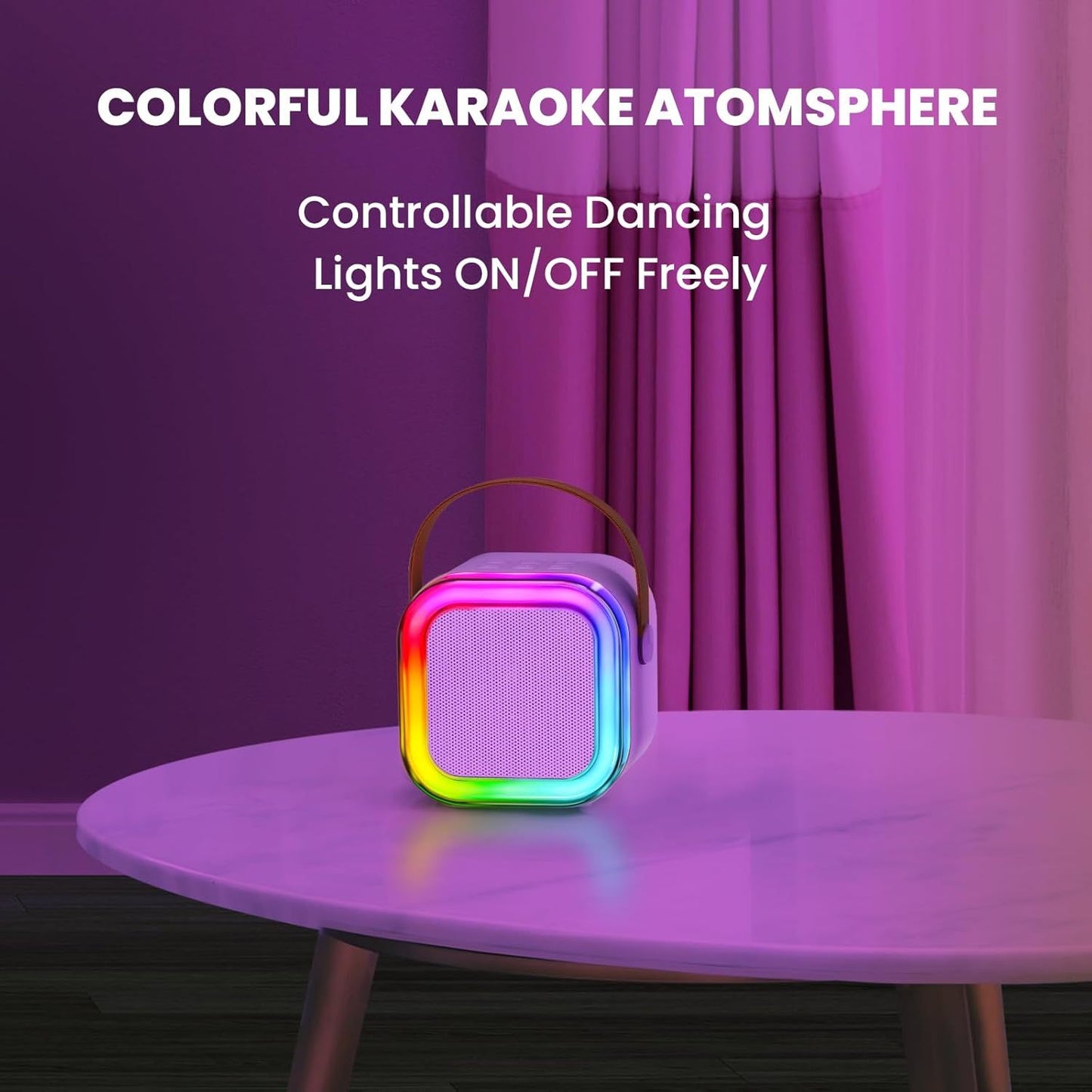 Sistem Karaoke Portabil cu 2 Microfoane Wireless și Boxă Bluetooth – LED RGB, Efecte Vocale, Sunet 3D, USB-C, Roz