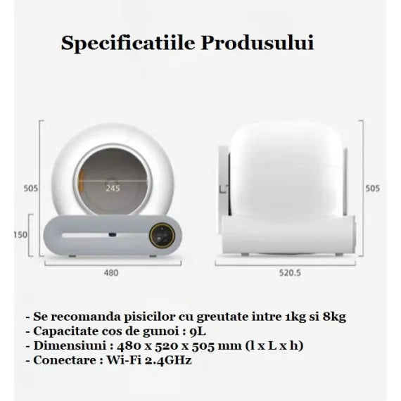 Litieră Electrică Automată pentru Pisici cu Autocurățare și Sterilizare Ionică – Capacitate 9L, Control prin Aplicație Mobilă