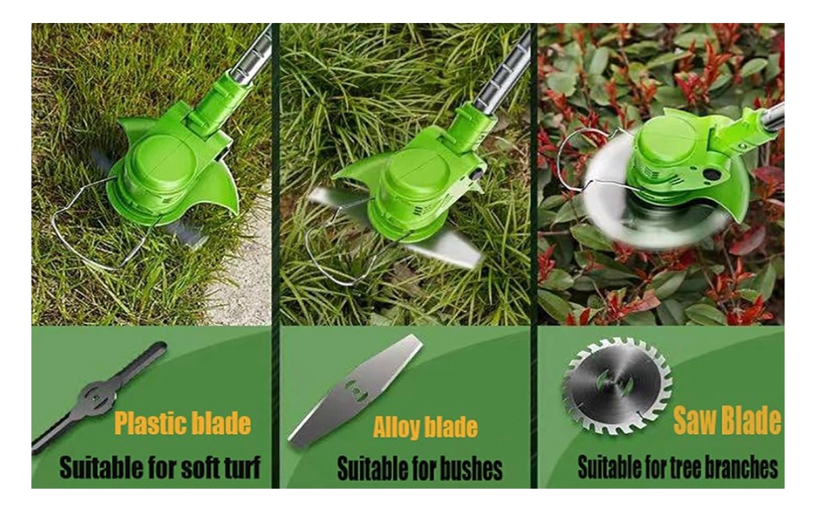 Motocoasă electrică 48V fără fir, 18000 RPM, 2 acumulatori, 3 tipuri de tăiere (disc + lame), mâner telescopic reglabil, 7 accesorii incluse