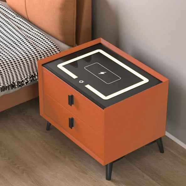 Noptieră Smart Portocalie cu 2 Sertare, Încărcare Wireless și LED Tactil, Design Modern din Sticlă și Lemn