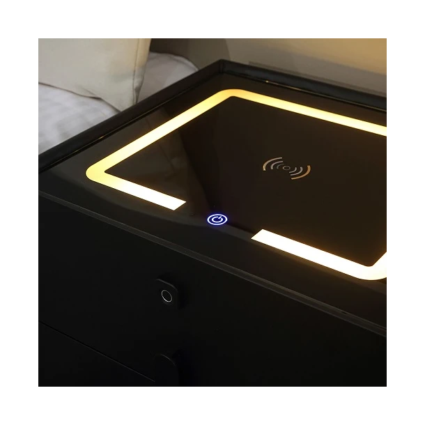 Noptieră Smart Multifuncțională Gri închis cu 2 Sertare – Încărcare Wireless, USB, LED Tactil 3 Culori, Boxă Bluetooth și Amprentă
