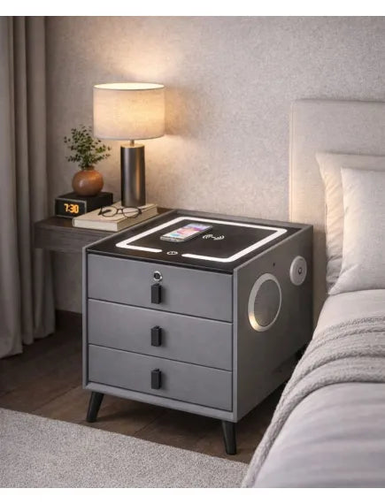 Noptieră Gri smart multifuncțională, cu 3 sertare si iluminare LED tactilă cu 3 culori, încărcare wireless și port USB pentru dispozitivele tale, difuzor Bluetooth