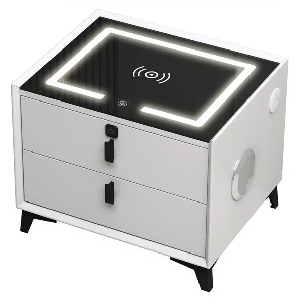 Noptieră Smart Multifuncțională cu 2 Sertare – Încărcare Wireless & USB, LED Tactil 3 Culori, Boxă Bluetooth și Amprentă
