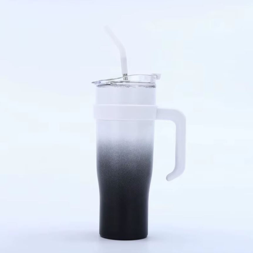 Pahar Termos Mare cu Maner si Pai Reutilizabil, Cana Termoizolanta cu Capac Etans, Design Modern Degrade, pentru Bauturi Calde si Reci (6–12h)