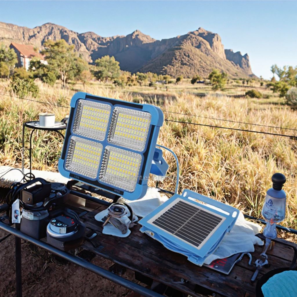 Lampă LED Solară Reîncărcabilă Portabilă 100W, Impermeabilă, cu Panou Detașabil și Power Bank – Ideală pentru Camping, Pescuit și Situații de Urgență