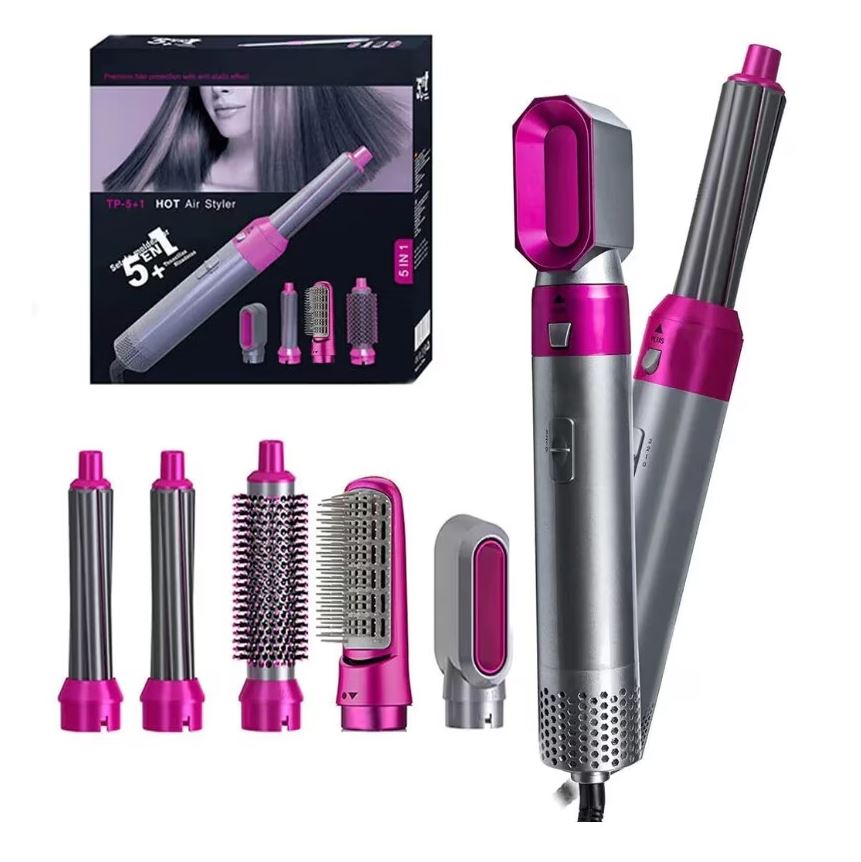 Perie de Păr 5 în 1 – Uscător, Ondulator plus functie de indreptare, cu Aer Cald, 1000W, Tehnologie Ceramică, Accesorii Interschimbabile, Roz/Argintiu