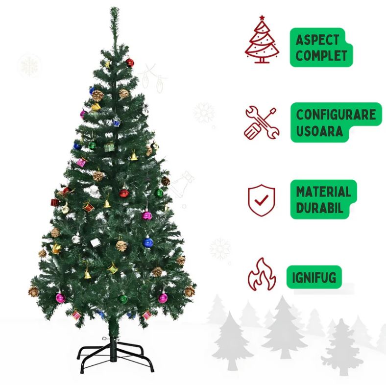 Brad Artificial Premium 180 cm cu 45 Ornamente & Instalație LED 10 m – Suport Metalic Inclus | Brad Complet pentru Crăciun