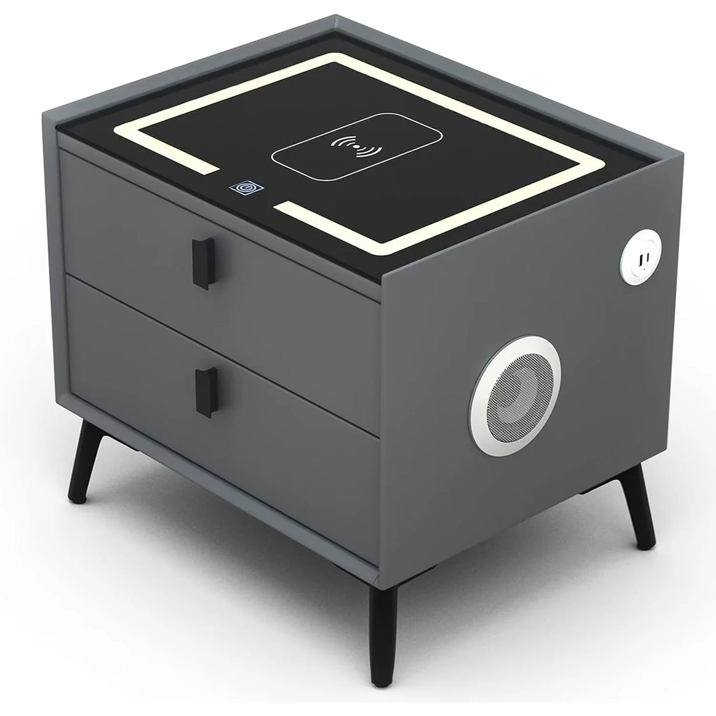 Noptiera Smart Multifunctionala cu LED, Incarcare Wireless si USB, Difuzor Bluetooth, 2 Sertare, Design Premium
