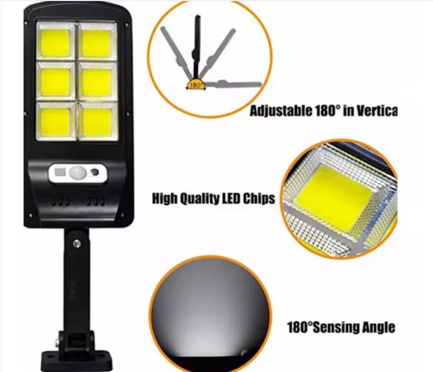 Lampă Solară Stradală 120 LED cu Senzor de Mișcare, Telecomandă și Brat de Montare – 3 Moduri de Iluminare, IP65, Negru