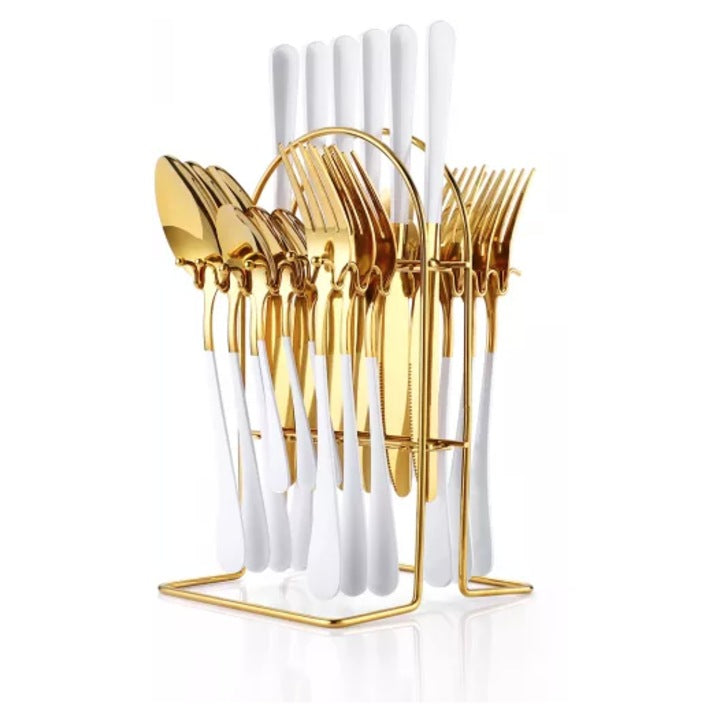 Set Tacâmuri 24 Piese Alb cu Auriu – Oțel Inoxidabil, Finisaj Lucios, Suport Depozitare, Design Elegant pentru Masă Modernă