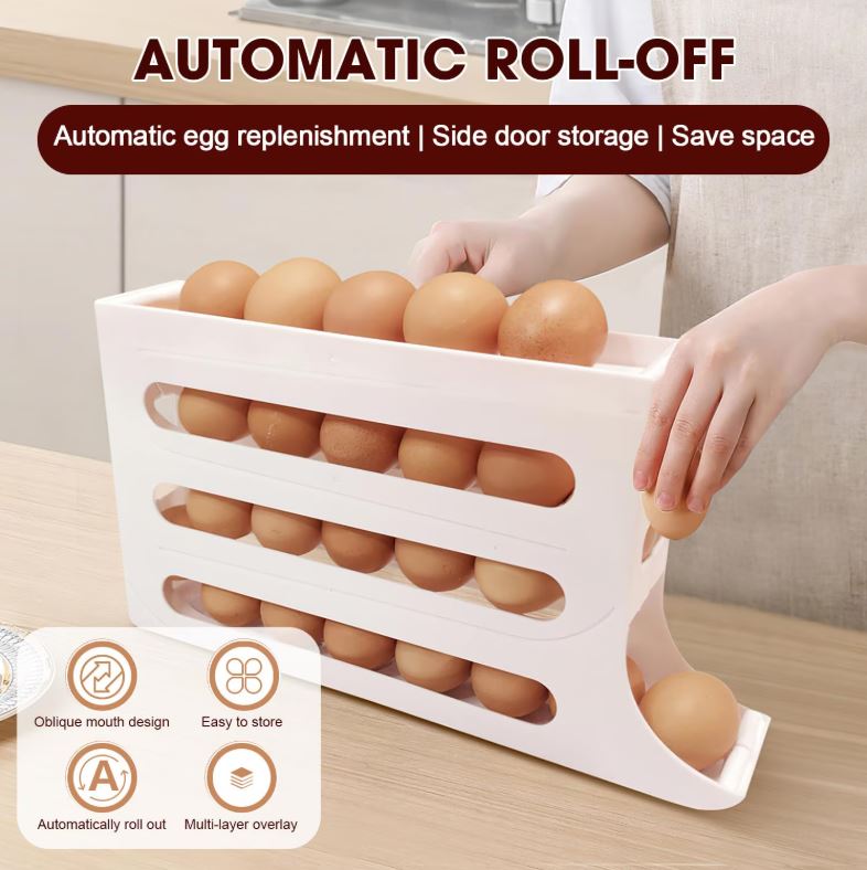 Suport Organizator Ouă pentru Frigider cu Rulare Automată, 4 Niveluri, Capacitate 30 Ouă, Design Compact Economisire Spațiu, Alb