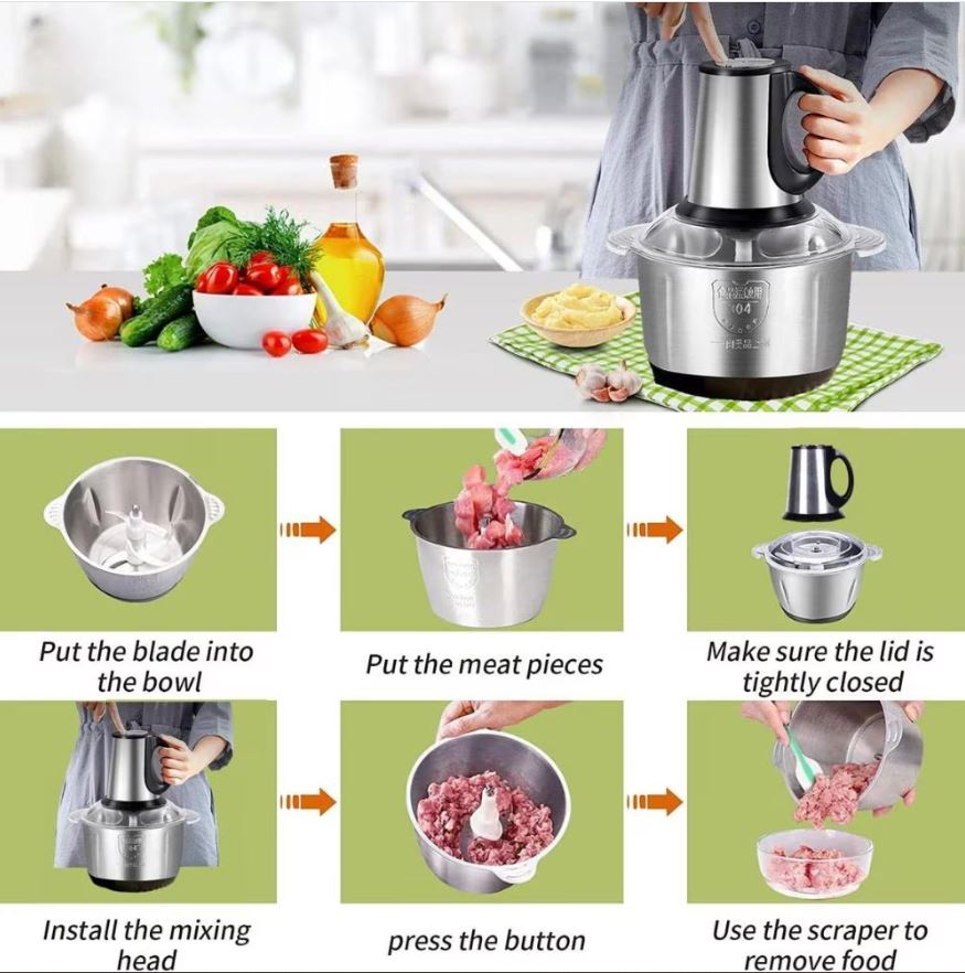 Tocător Electric Profesional 1000W – Bol Inox 5L, 6 Lame Oțel, 2 Trepte de Viteză, 3600 RPM | Ideal pentru Carne, Legume și Fructe