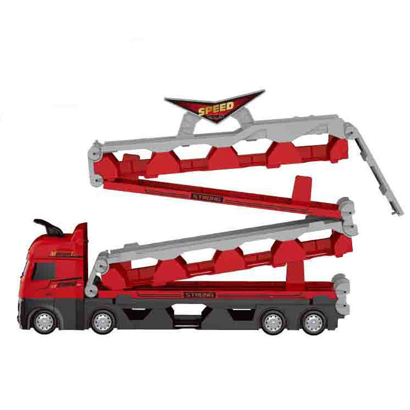 Camion 3în1 cu Catapultă și Pista de Curse – Set Interactiv cu 6 Mașinuțe cu Arcuri pentru Copii 3+