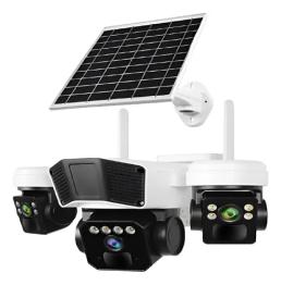 Cameră de supraveghere exterior 4G cu panou solar integrat și sistem cu 3 lentile pentru acoperire extinsă.