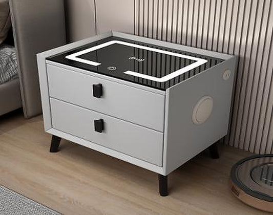 Noptieră Inteligentă Multifuncțională , 2 Sertare, LED-uri Tactile, 3 Tipuri de Culoare, Încărcare fără Fir, Difuzor Bluetooth, Incarcare Usb, Sticla Securizata, Marime 50*40*45 Gri Deschis