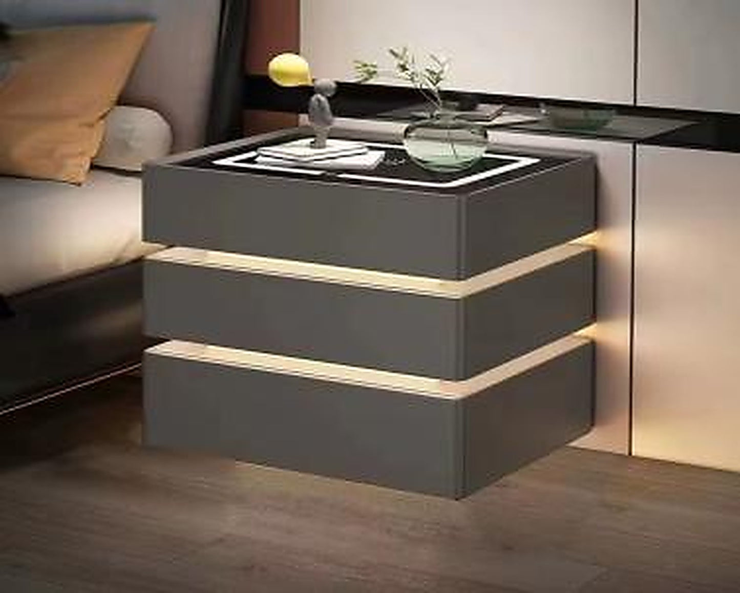 Noptieră Smart Multifuncțională cu 3 Sertare, LED 3 Culori, Încărcare Wireless + USB și Bluetooth, 50x40x72 cm, Gri Închis / Gri Deschis