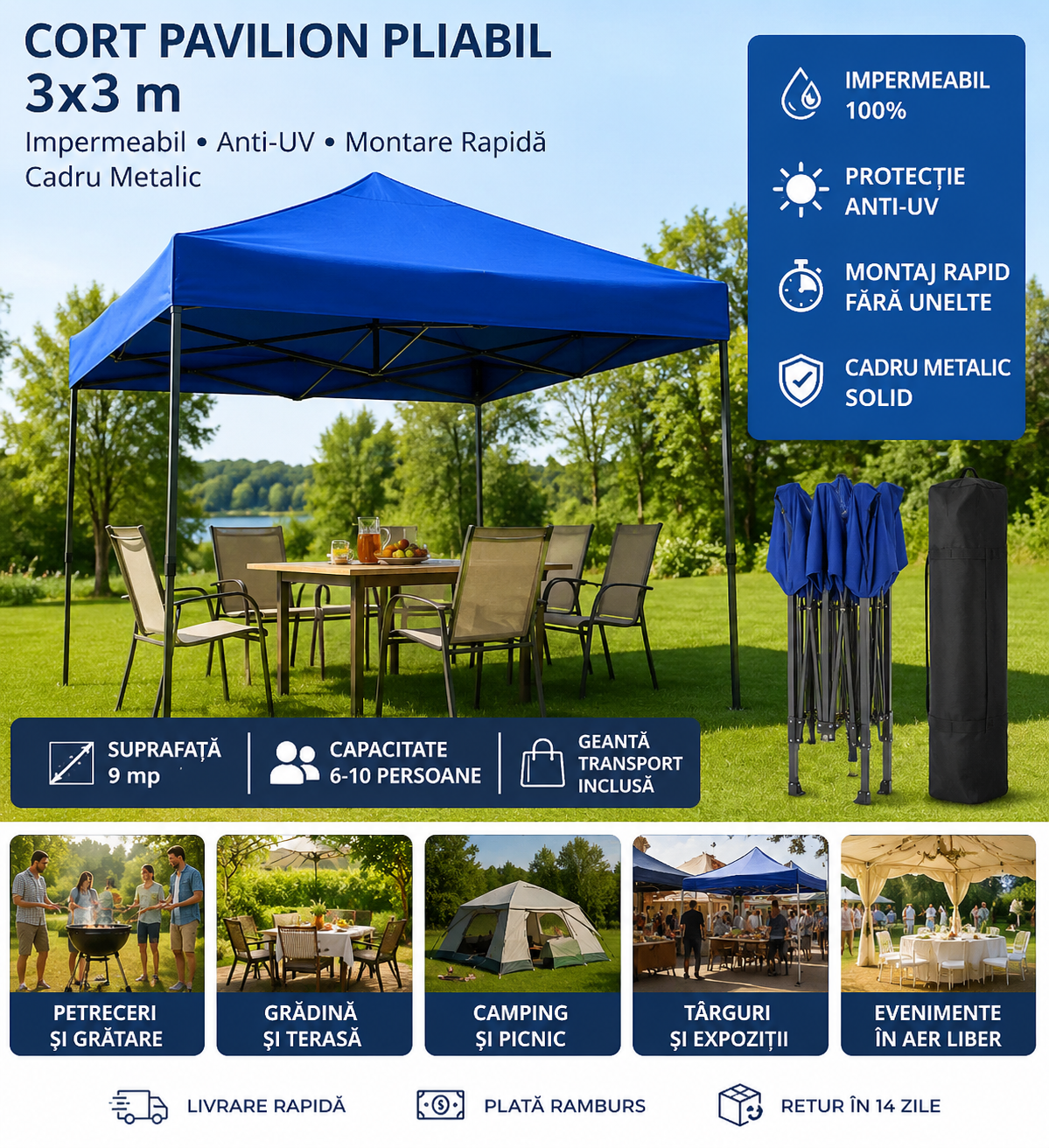Cort Pavilion Pliabil 3x3 m Anti-UV și Impermeabil, Montare Rapidă, Cadru Metalic