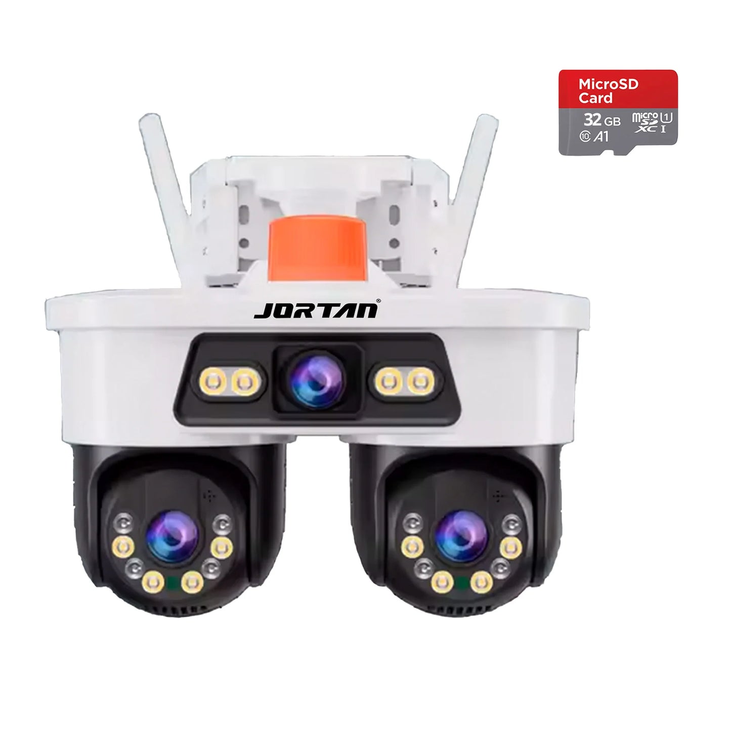 Camera de Supraveghere WiFi JORTAN Tripla 9MP PTZ 355° cu 3 Lentile, Night Vision Color, Audio Bidirecțional, IP66 + Card 32GB Inclus