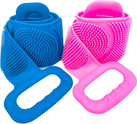 Set 2 Bureți Tip Bandă din Silicon pentru Spălarea Spatelui – Exfoliere & Masaj – 60x10 cm – Albastru/Roz/Mov