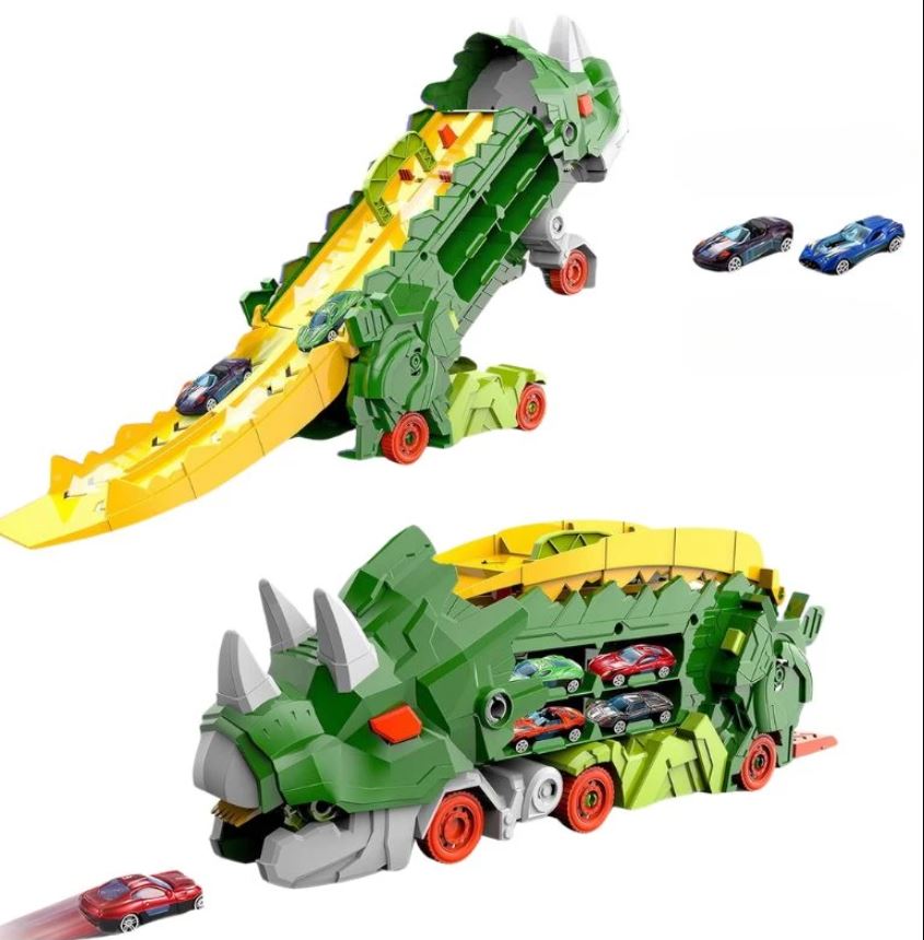 WOW! Camion Dinozaur 2 în 1 cu Rampă de Lansare și Mașinuțe Incluse – Set Interactiv Multifuncțional pentru Copii, Transport, Depozitare și Curse, 43 cm