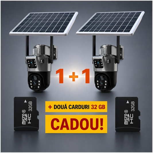 Set Două Camere Supraveghere Visuron 4K cu Panou Solar – Dubla Lentilă, 360°, Zoom 10X + Două Carduri 32GB !