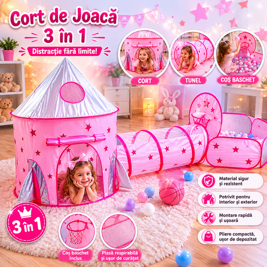 Cort de Joacă Copii 3 în 1 cu Tunel și Coș Baschet, Roz – Spațiu Distractiv pentru Interior și Exterior