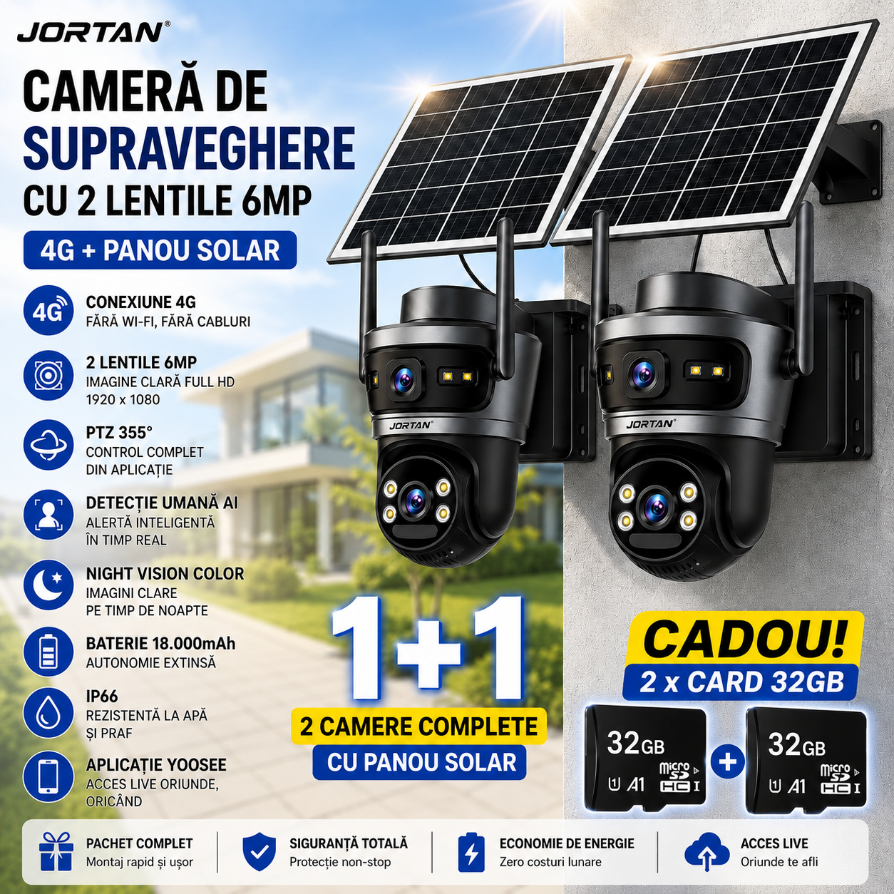 Pachet 2 Camere de Supraveghere Jortan 4GHD 4G cu 2 Lentile 6MP, Panou Solar, 18.000mAh, PTZ 355°, IP66, Aplicație Yoosee + Card 32GB
