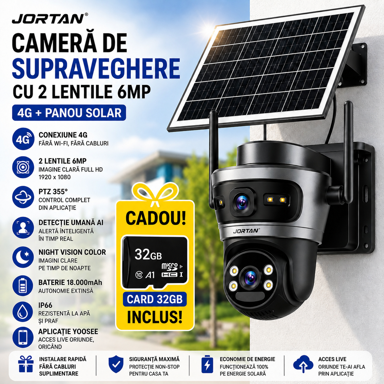 Pachet 2 Camere de Supraveghere Jortan 4GHD 4G cu 2 Lentile 6MP, Panou Solar, 18.000mAh, PTZ 355°, IP66, Aplicație Yoosee + Card 32GB