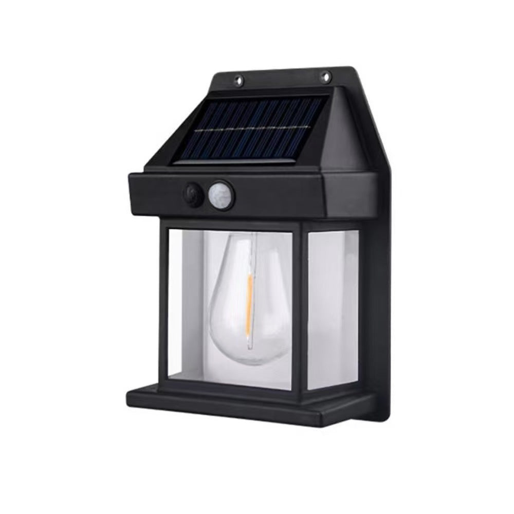 Lampă solară LED de perete tip felinar, cu senzor de mișcare, fără fir, 2 moduri iluminare, rezistentă la apă – pentru exterior