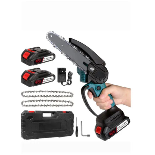 Drujbă Fără Fir Portabilă 48V cu 2 Acumulatori, Lamă 6 Inch (15 cm) și 2 Lanțuri – Putere, Precizie și Mobilitate Maximă
