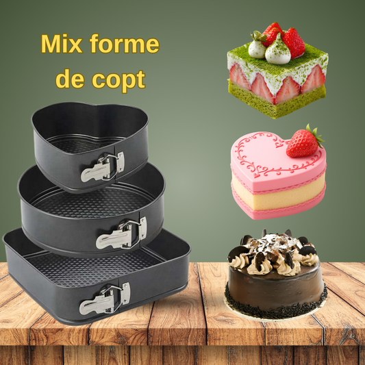 Set 3 Tăvi pentru Tort cu Fund Detașabil – Forme Rotundă, Pătrată și Inimă (24/26/28 cm), Antiaderente, pentru Cheesecake, Pandișpan și Prăjituri