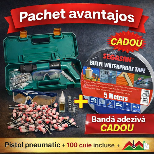 Pachet Pistol Pneumatic Profesional + CADOU ă impermeabilă din butil – Set Complet cu Accesorii, Cutie Transport și 100 Cuie Incluse
