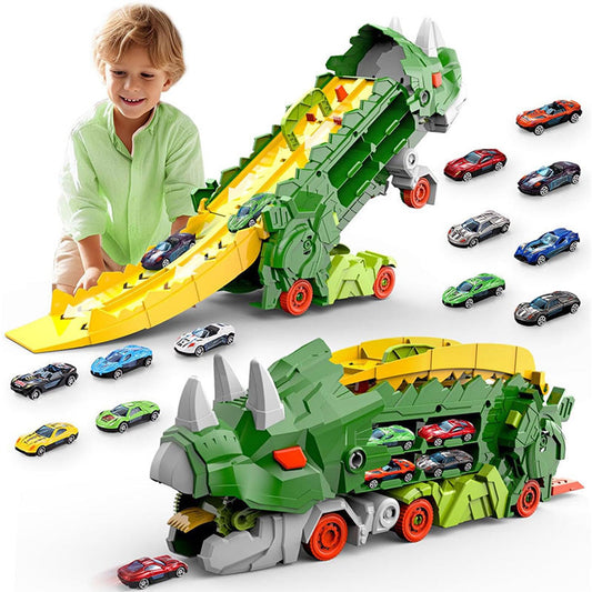 Set Camion Dinozaur Transformabil 2 în 1 cu Rampă de Curse și Mașinuțe – Jucărie Interactivă cu Funcții Multiple, Depozitare Inclusă, 43 cm