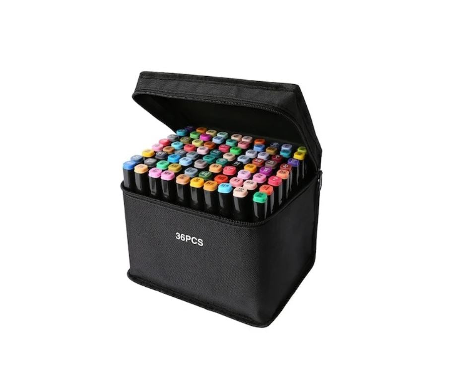 Set 36 Markere Colorate Profesionale cu 2 Vârfuri (Subțire și Gros Înclinat) + Geantă de Depozitare Inclusă