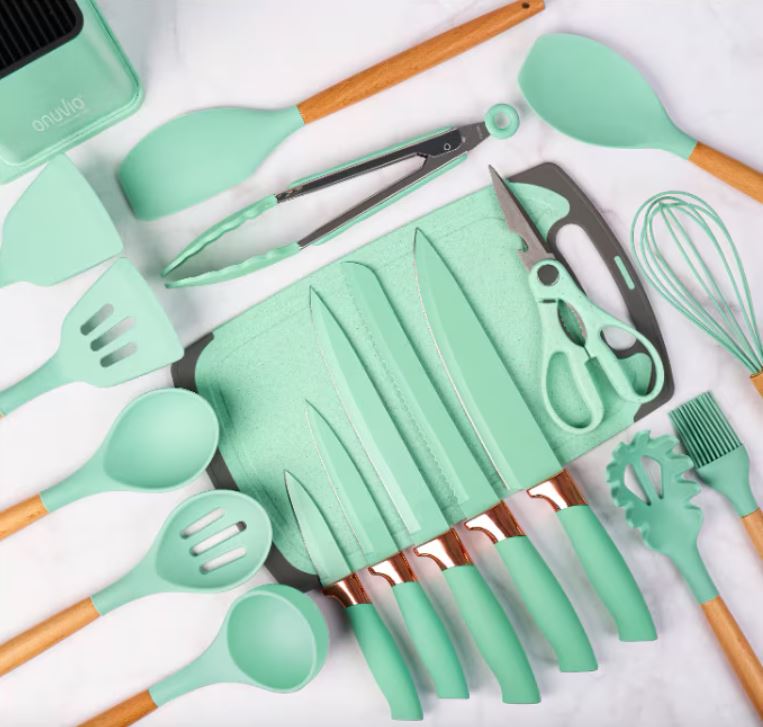 Set ustensile bucătărie 19 piese, silicon alimentar & lemn, termorezistente, antiaderente, cu suport blat