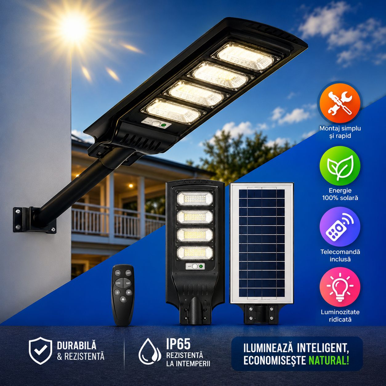 Lampă Solară Stradală 400W cu Senzor de Mișcare – 4 Casete LED, 224 LED-uri, Acumulator 15000 mAh, Iluminare Exterior pentru Curte și Stradă