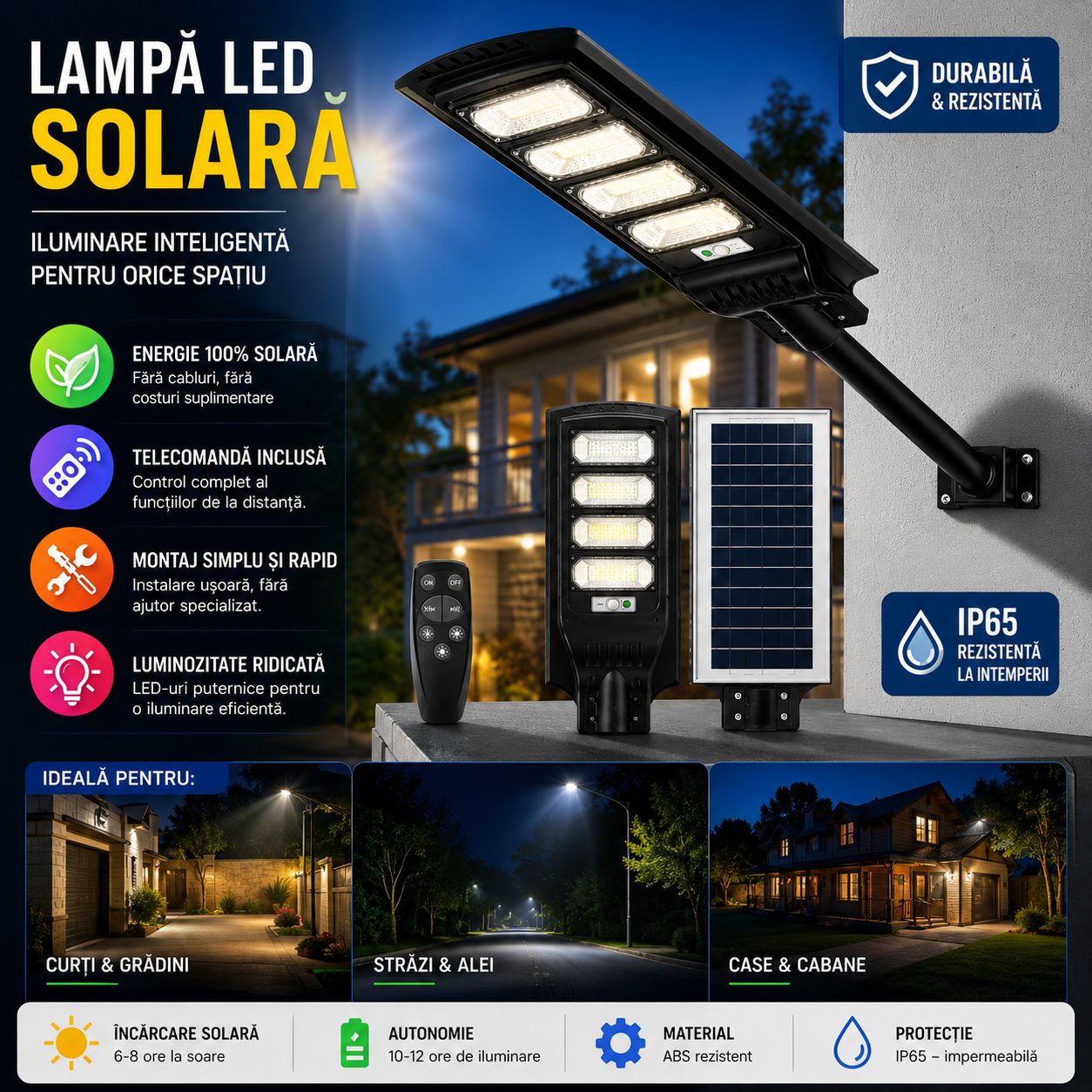 Lampă Solară Stradală 400W cu Senzor de Mișcare – 4 Casete LED, 224 LED-uri, Acumulator 15000 mAh, Iluminare Exterior pentru Curte și Stradă