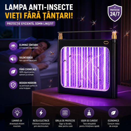 Lampă AntiȚânțari UV Reîncărcabilă Type-C – Capcană Electrică pentru Insecte, Baterie 4000mAh, Ultra-Silențioasă, IP54