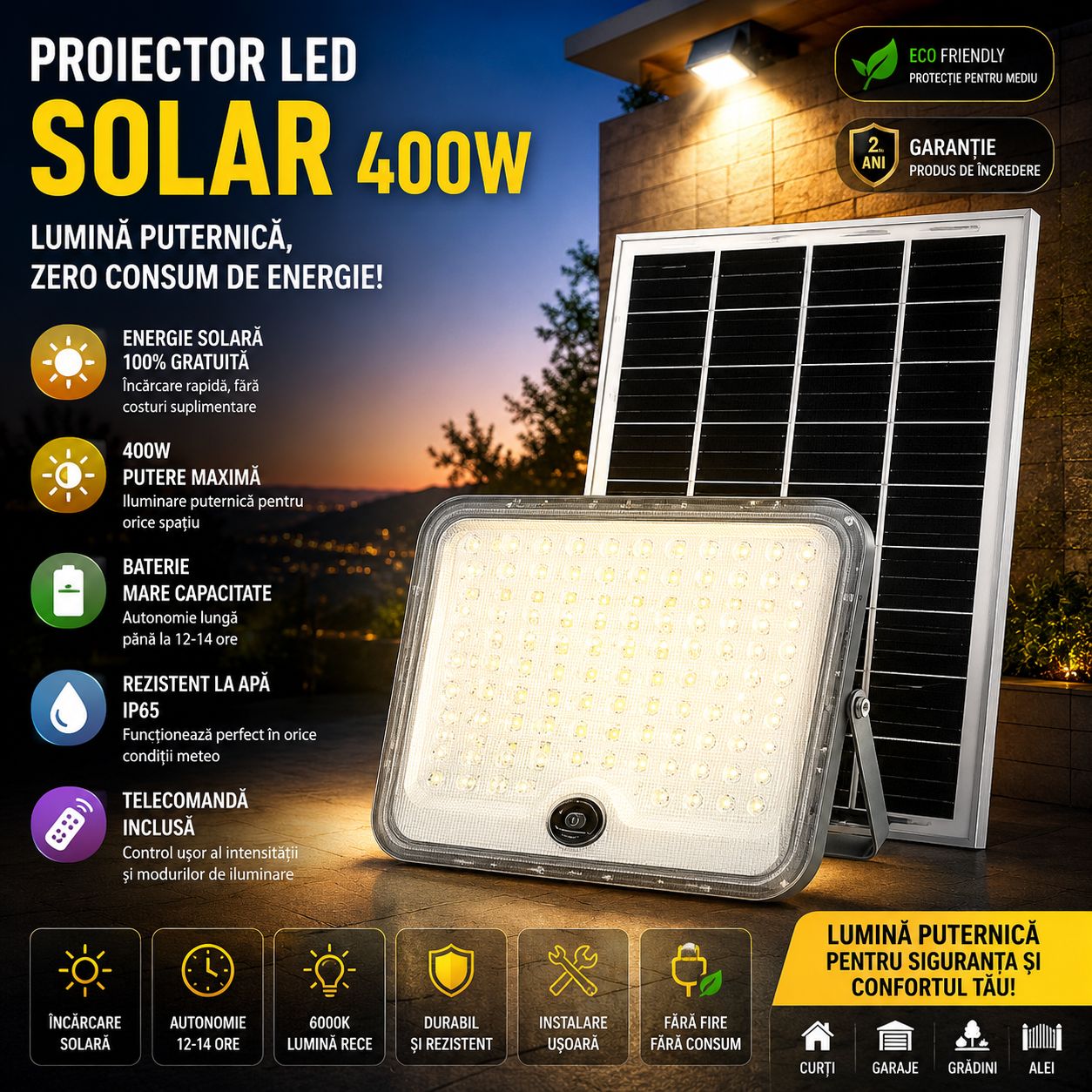 Proiector LED Solar 400W cu Panou Solar Separat și Telecomandă – Iluminare Exterior Puternică, Rezistent la Intemperii
