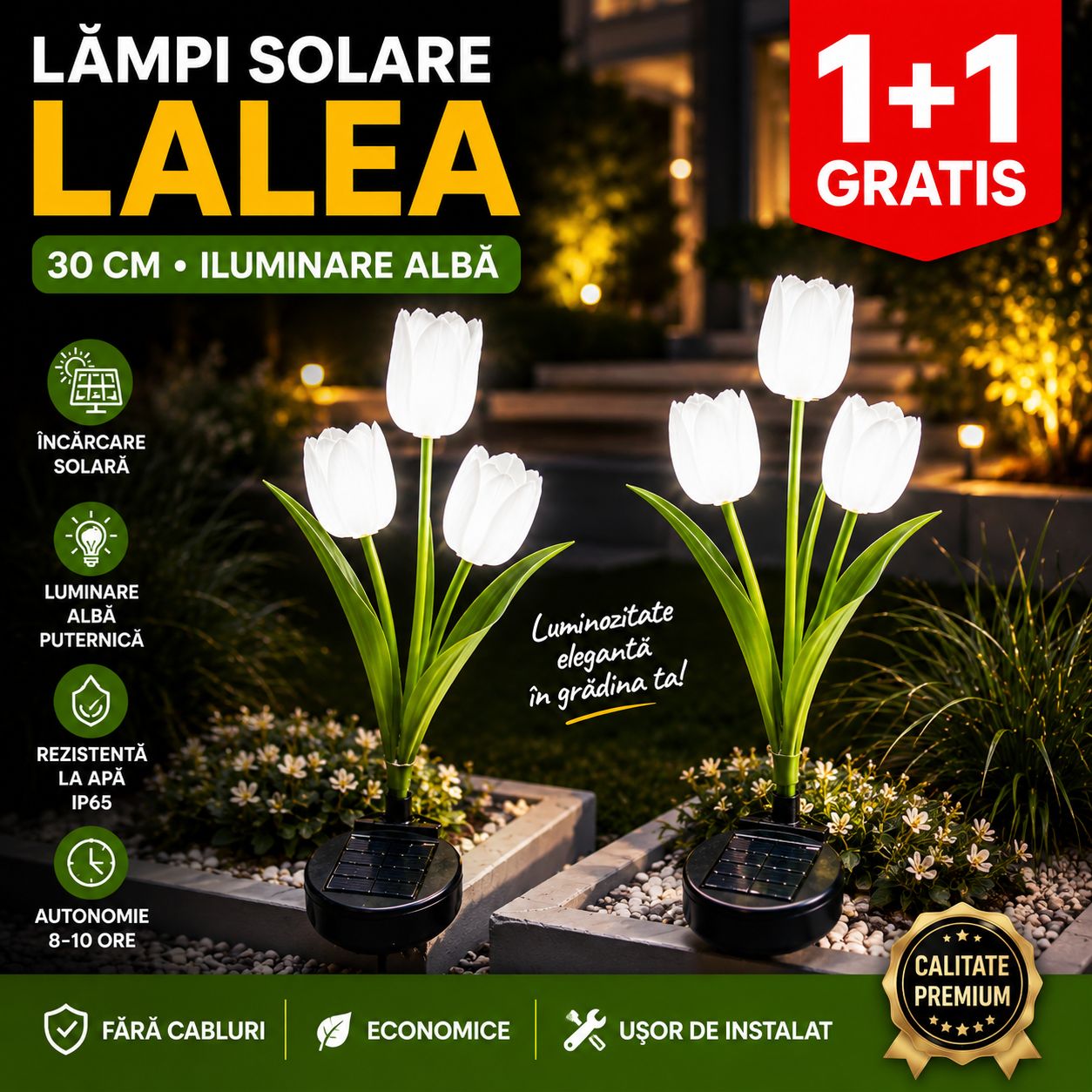 Lampă Solară de Grădină | 1+1 GRATIS | Tip Lalea LED Alb – 30 cm, 30 lm, Iluminare Decorativă Exterior, Energie Solară