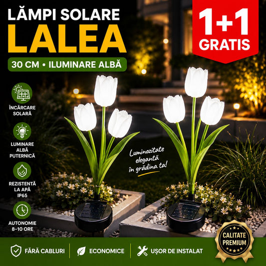 Lampă Solară de Grădină | 1+1 GRATIS | Tip Lalea LED Alb – 30 cm, 30 lm, Iluminare Decorativă Exterior, Energie Solară