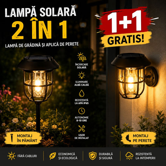 1+1 GRATIS Lampă Solară 2-în-1 Stil Retro cu Țăruș pentru Grădină – Iluminare Decorativă Exterior