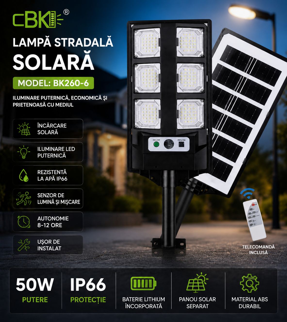Lampă Solară Stradală 50W cu Panou Solar și Telecomandă – LED Exterior IP66, Senzor Mișcare și Lumină