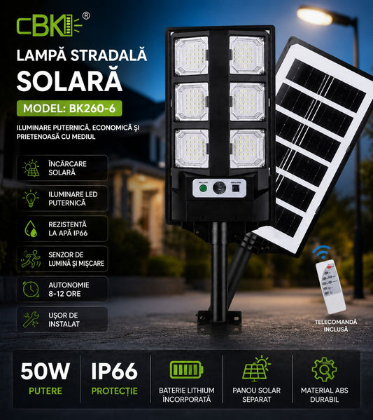 Lampă Solară Stradală 50W cu Panou Solar și Telecomandă – LED Exterior IP66, Senzor Mișcare și Lumină